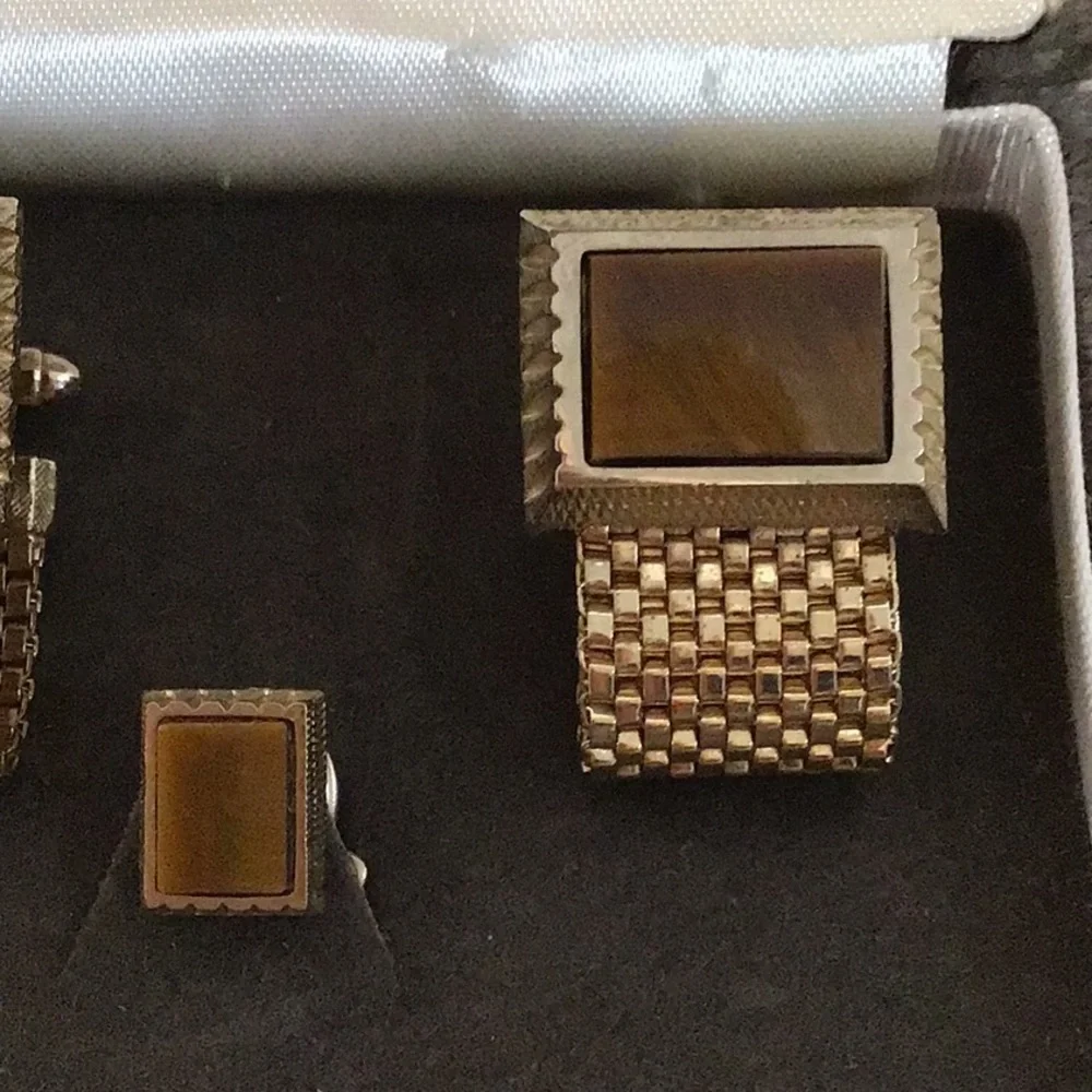 Vintage Dante Men’s Genuine Onyx Mesh Wrap-Around Cufflink/Tie Pin Set